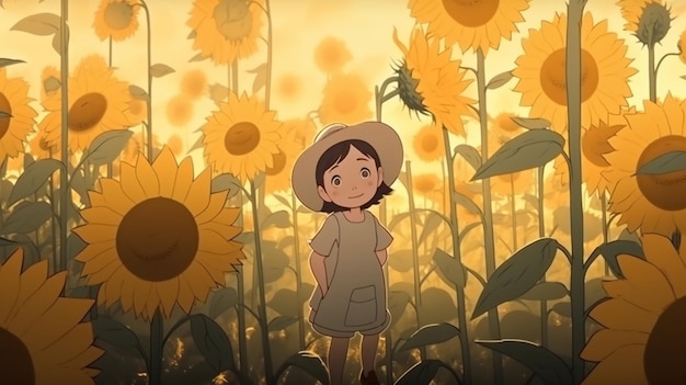 Una chica en un campo de girasoles