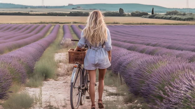 Foto chica en el campo de lavanda