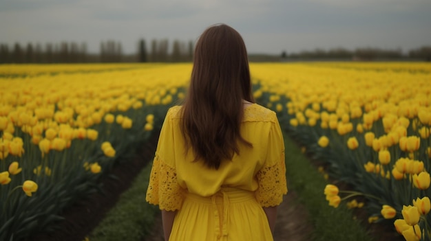 Chica en campo de tulipanes