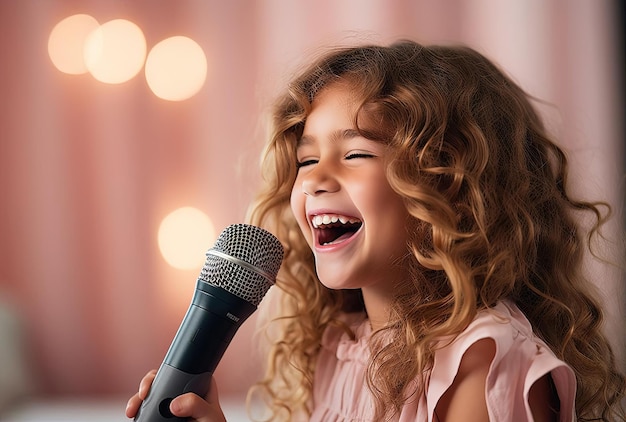 Foto una chica está cantando en un micrófono en el estilo de rosa claro y marrón