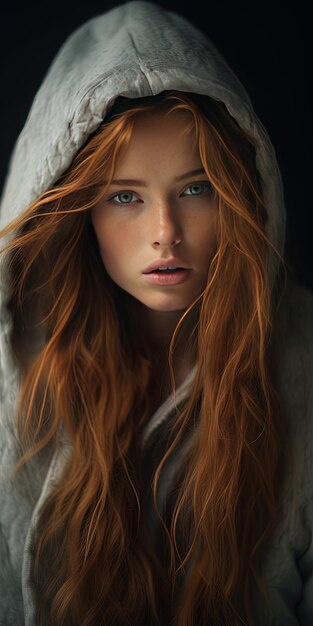 una chica con una capucha gris y pelo rojo.