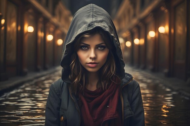 Foto una chica con una capucha oscura está en un túnel vacío