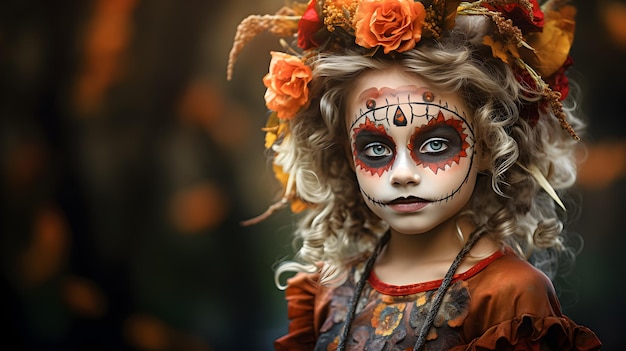 una chica con la cara pintada como un esqueleto y flores.