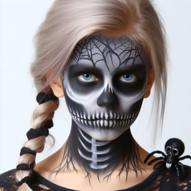 Foto chica con cara pintada espeluznante para halloween sobre un fondo blanco