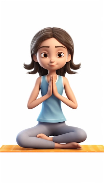 Una chica de carácter 3d con una camiseta sin mangas azul se sienta en una pose de yoga con las manos en el aire