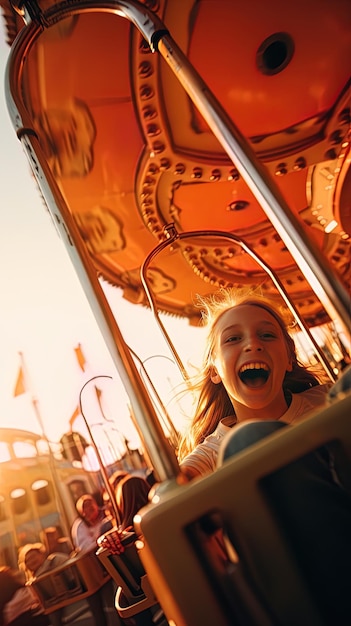 una chica en un carrusel con las palabras " feliz " en la parte delantera de la parte delantera del carrusel.