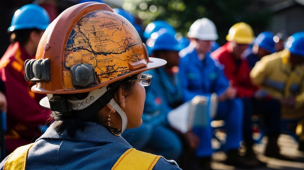 una chica con un casco con un mapa en él