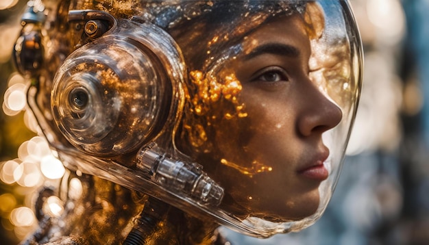 una chica con un casco de oro y una máscara de fuegos artificiales