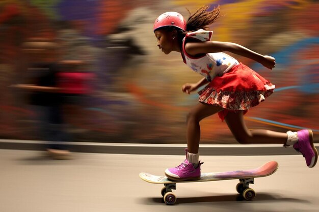 una chica con un casco rojo está montando una patineta