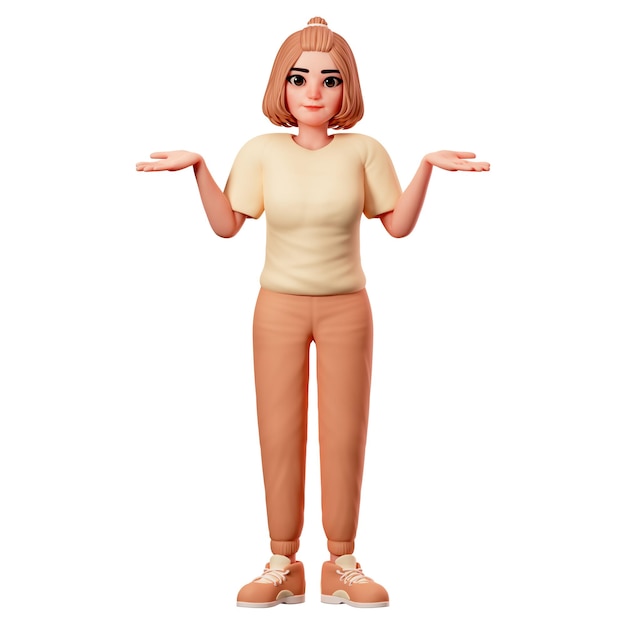 Chica casual mostrando pose de encogimiento de hombros Ilustración de renderizado de personajes 3D