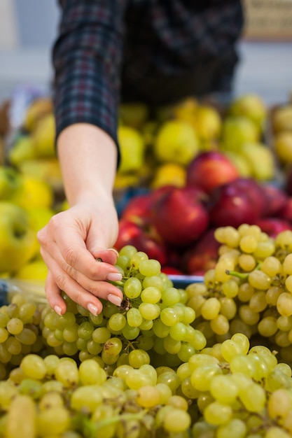 Chica caucásica comprando productos alimenticios de verduras frescas en el marketxA