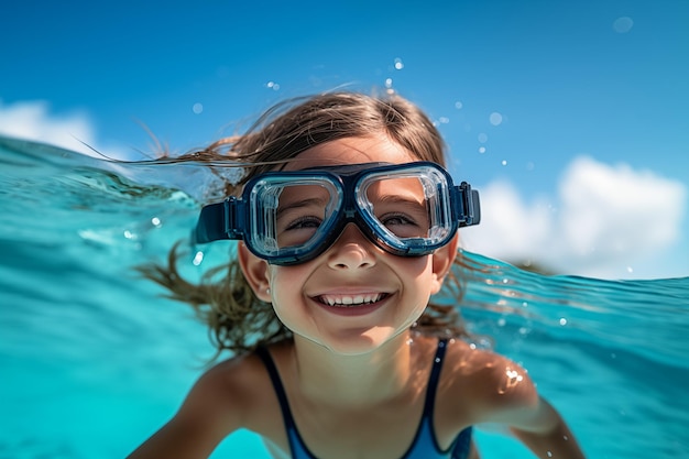 Una chica caucásica linda al aire libre con gafas de buceo