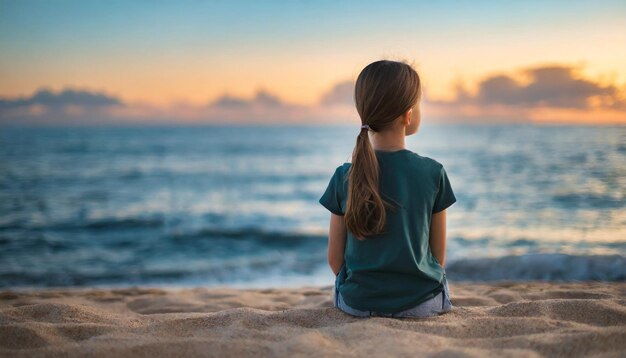 Una chica caucásica solitaria con una camiseta mira hacia el mar representando el anhelo y la soledad.