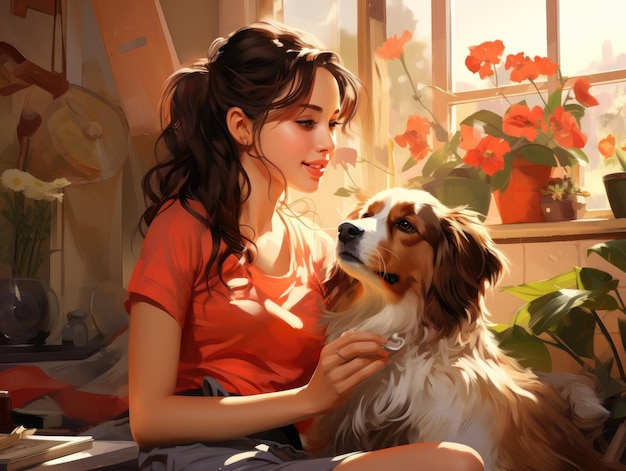 una chica caucásica sonriente y un perro australiano en un estilo de ilustración de habitación soleada