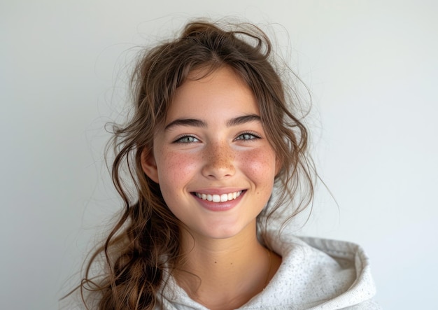 chica caucásica con una sudadera colorida en un estudio de fotos profesional de fondo colorido