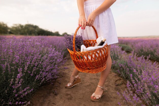 Una chica con una cesta en un campo de lavanda se para con un vestido blanco. Camping con una botella de vino. Mañana de verano en el campo lila de fragantes arbustos de lavanda.