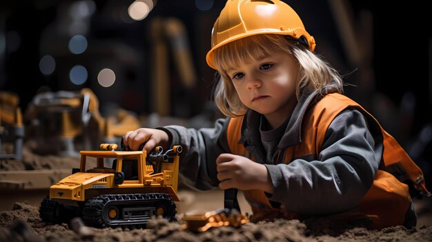 chica con un chaleco de trabajador de la construcción y un sombrero duro está fingiendo operar una excavadora de juguete