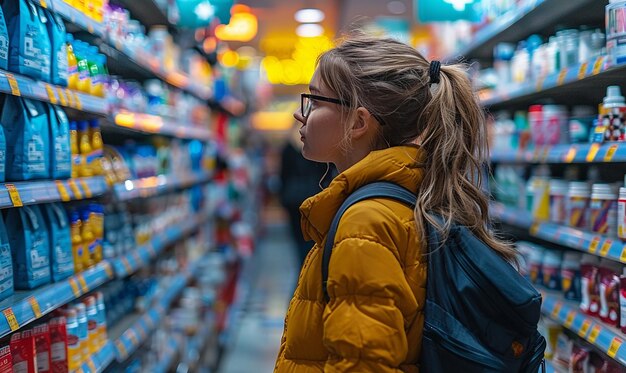 una chica con una chaqueta amarilla está mirando un producto en una tienda de comestibles