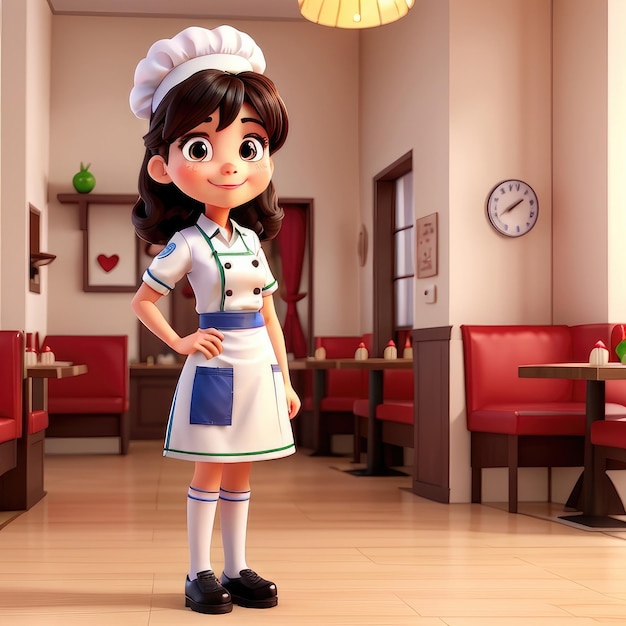 Chica chef linda en uniforme saludo saludando bienvenido al restaurante ilustración 3d
