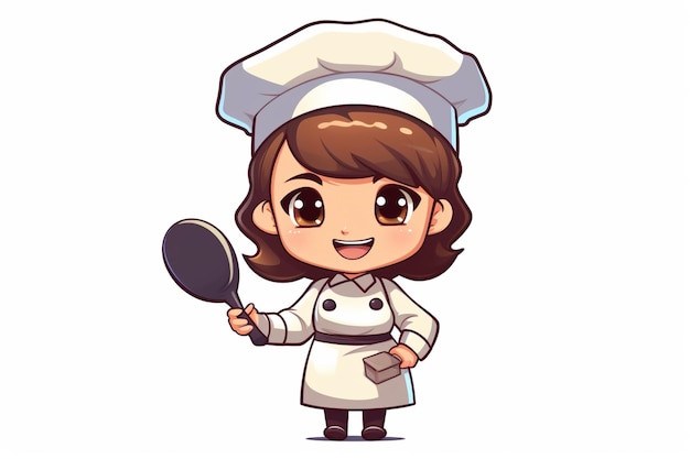 Foto chica chef vectorial linda en personaje uniforme sosteniendo un logotipo de restaurante de comida turner