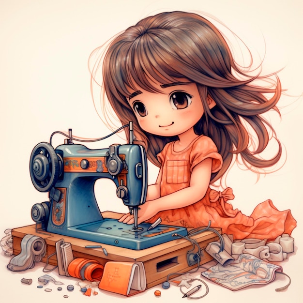 Una chica chibi de color con una máquina de coser