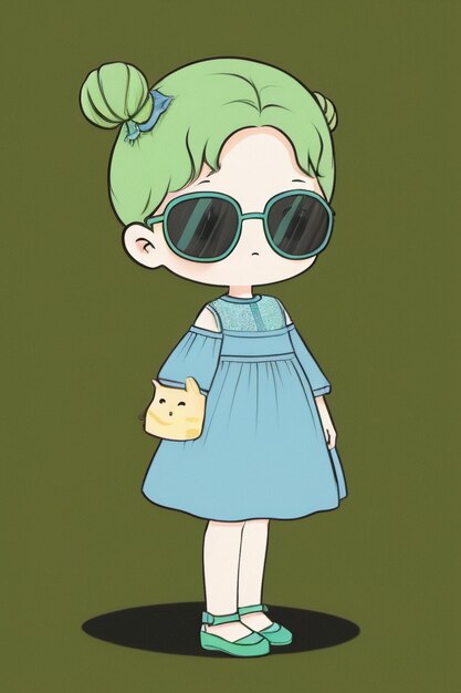 Foto chica chibi de dibujos animados con gafas de sol muy guapo, genial, lindo estilo anime kawaii