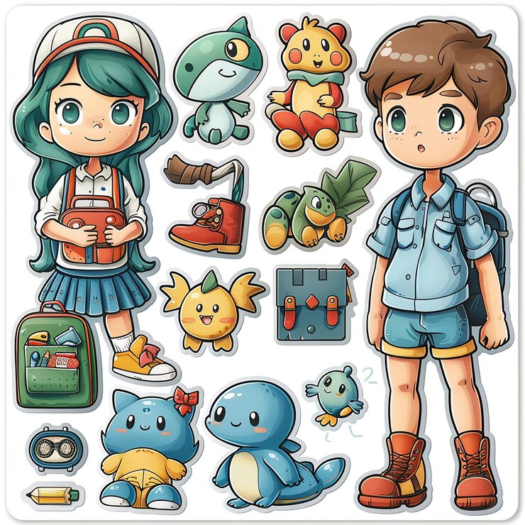 Foto chica y chico de la escuela de anime paquete de pegatinas
