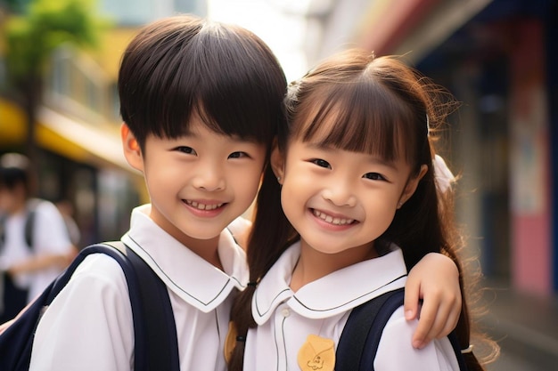 una chica y un chico están sonriendo para la cámara.