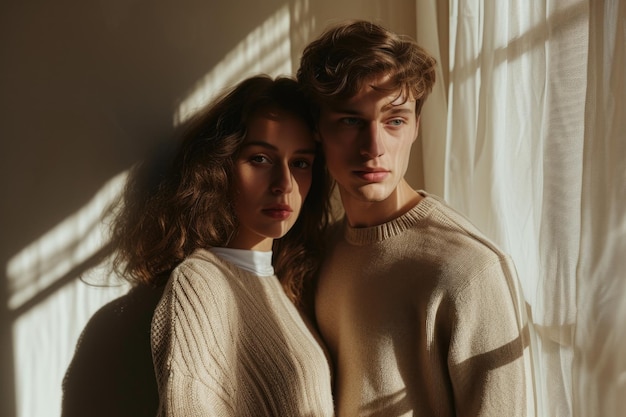 Una chica y un chico con suéteres beige luz suave de la ventana el concepto de lujo tranquilo