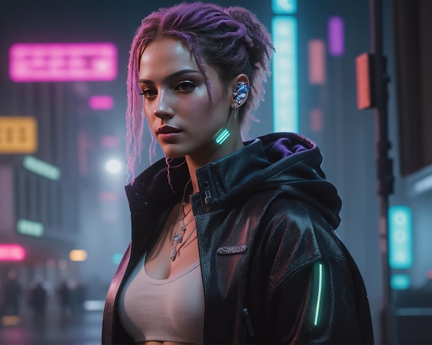 Chica ciberpunk futurista con cabello púrpura y chaqueta negra