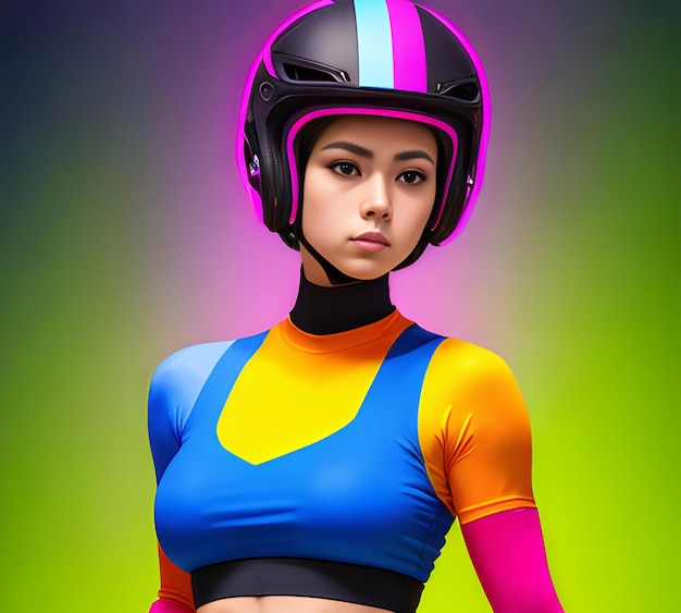 Chica ciclista en casco y ropa deportiva en colores de fondo