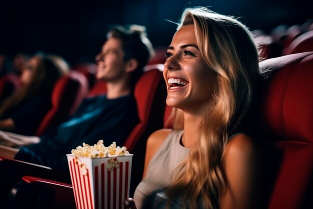 chica en el cine comiendo palomitas de maíz