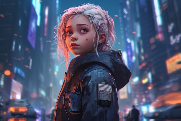 Chica en una ciudad con una chaqueta que dice 'cyberpunk'