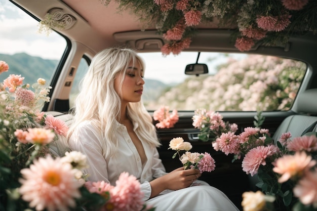 Una chica en un coche lleno de flores.