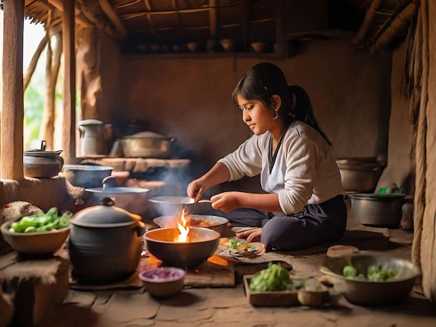 Foto una chica está cocinando en una pequeña cabaña.