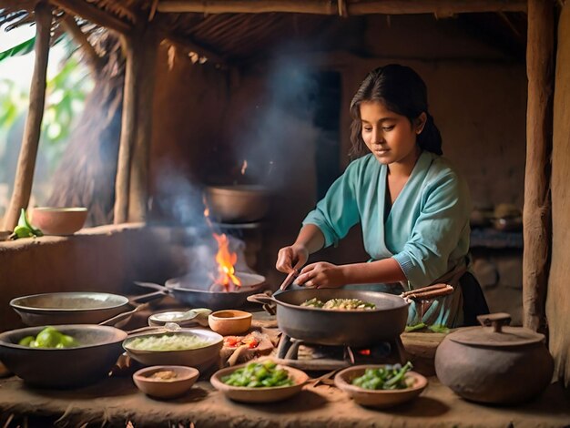 Foto una chica está cocinando en una pequeña cabaña.