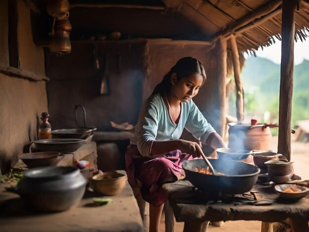 Foto una chica está cocinando en una pequeña cabaña.