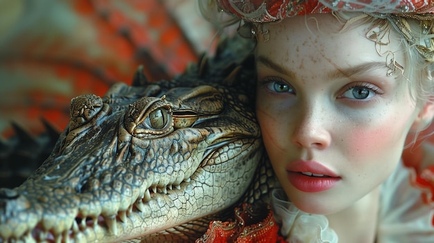 Foto chica con un cocodrilo al lado de su ia generativa