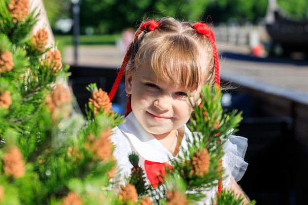 Chica con coletas rojas en el parque en verano