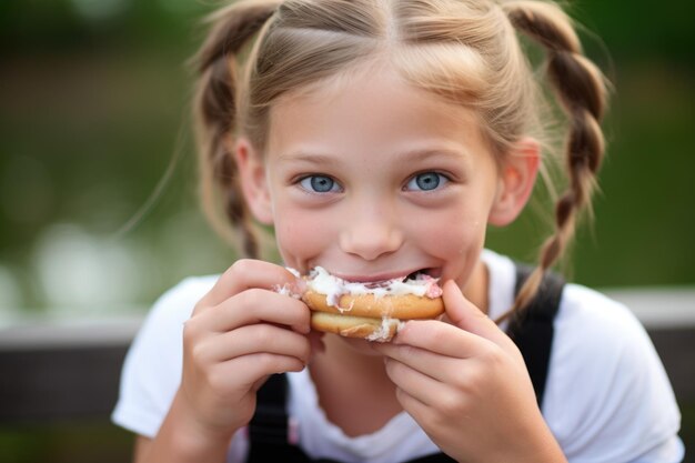 Una chica con colillas comiendo un sándwich de helado.
