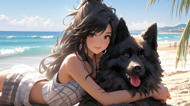 Chica colorida de escapada costera de anime con perro en la playa en estilo kawaii japonés