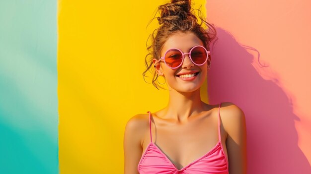 Una chica colorida y feliz irradia alegría en gafas de sol