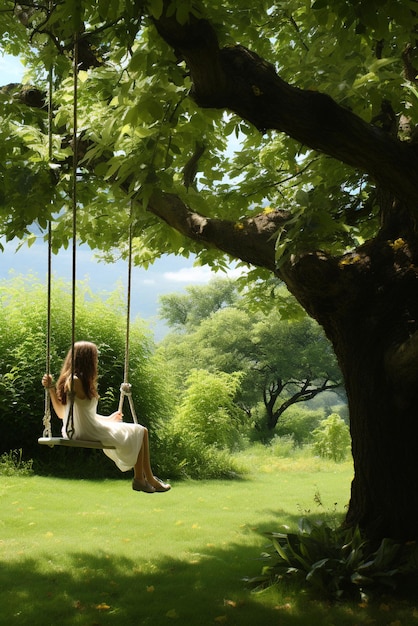 Chica en columpio en un árbol en el jardín