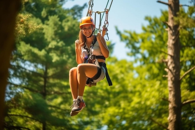 una chica en un columpio con un casco en él