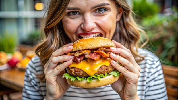 Una chica comiendo una hamburguesa gourmet cargada de tocino de queso y todos los accesorios