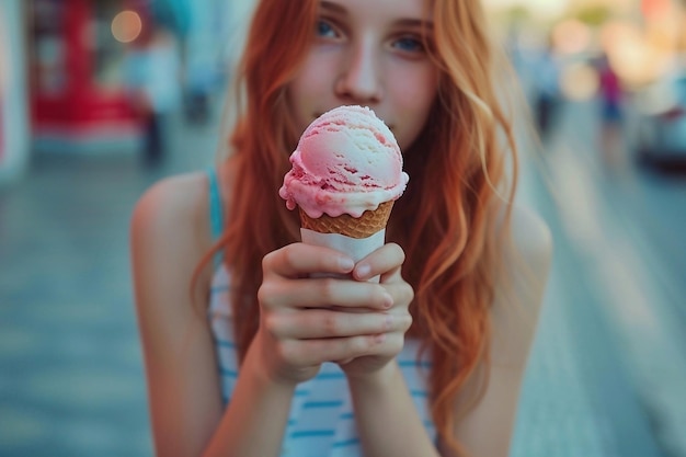 Foto una chica comiendo helado.