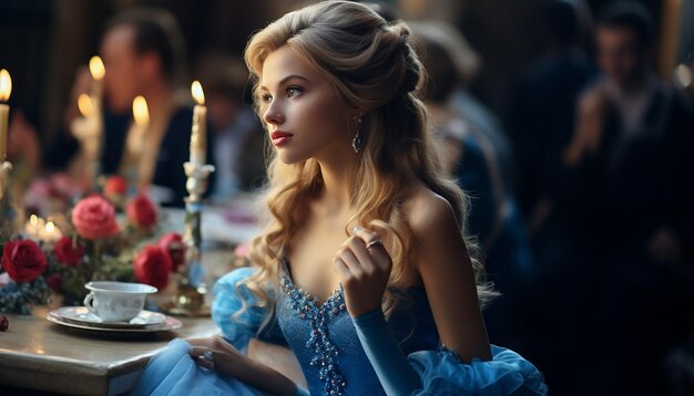 Una chica como princesa Cabello rubio Con un vestido de princesa azul