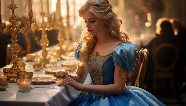 Una chica como princesa Cabello rubio Con un vestido de princesa azul