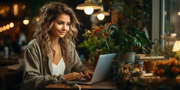 chica con una computadora portátil en un café trabajo remoto IA generativa
