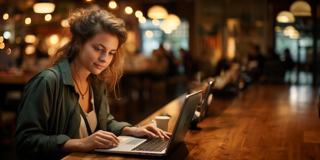 chica con una computadora portátil en una cafetería trabajo remoto IA generativa